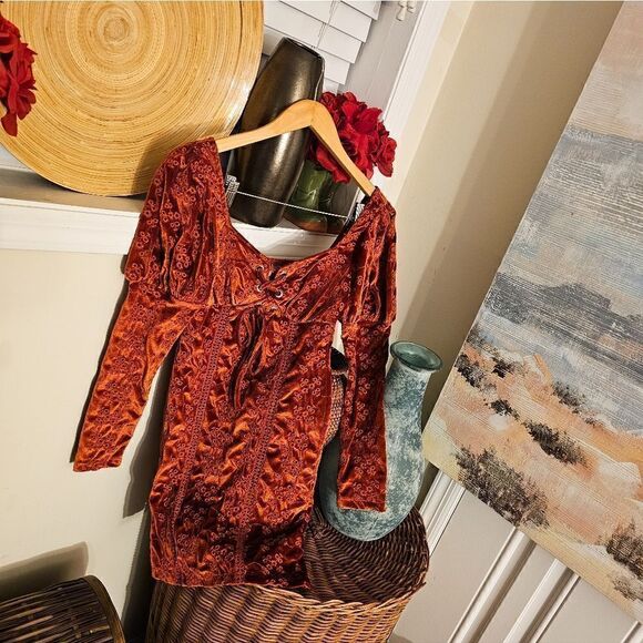 Asos Burnt Orange Velour Embroidered See Through Detail Trim Peasant Style Long - Picture 13 of 13